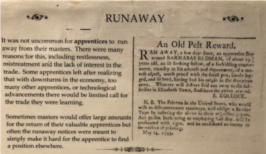 Image of runaway apprentice exhibit. Paragraph on the right titled :An old Pelt Reward" is styled in 18th century typography. 